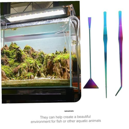 COLLBATH 3Pcs Plated Stainless Steel Tools Set Straight Tweezers Curved Tweezers Flat Spatula for Aquatic Plant Care and Fish Tank Decoration