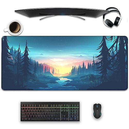 Sunset Wallpaper Desktop Mouse Pad Large,Mountain Desk Pad,Nature Desk Mat for Desktop,Keyboard and Mouse Mat,Gaming Mousepad for Office Home Work (27.5x11.8 in) - color: Forest and River