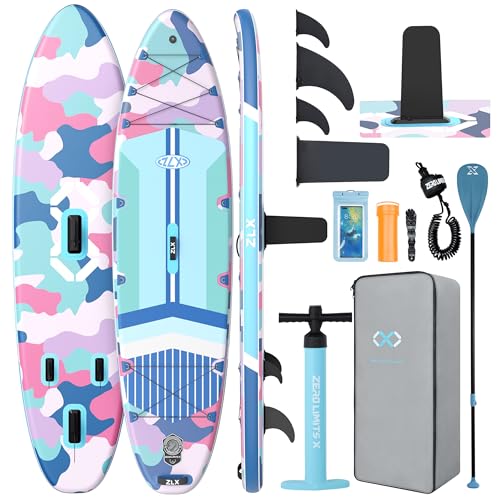 ZLX 11'6"x35" Ultra Wide Inflatable Stand Up Paddle Board | Stable Non-Slip Deck Pad, Unique Fin System, Premium SUP Accessories & Backpack - Upgraded Pump for Adults, All Skill Levels - color: Blue Camouflage
