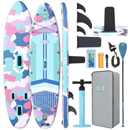 ZLX 11'6"x35" Ultra Wide Inflatable Stand Up Paddle Board | Stable Non-Slip Deck Pad, Unique Fin System, Premium SUP Accessories & Backpack - Upgraded Pump for Adults, All Skill Levels - color: Blue Camouflage