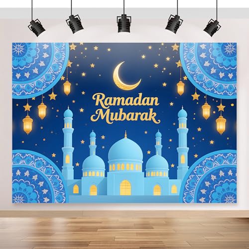 Ramadan Mubarak Backdrop 70.8x43.3 inch, for Muslim Ramadan Kareem Party Decorations, Eid Mubarak Sign Photo Booth for Home Muslim Eid Al Fitr Party - color: Blue