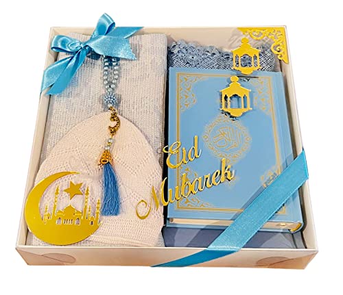 Eid Luxury Islamic Gift Set - 5pc Janamaz Prayer Rug, Scarf, Cap, Pearl Tasbih & Quran (Blue) - color: Blue