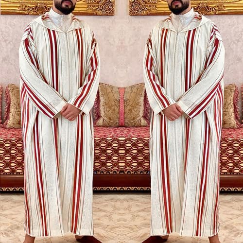 Thobe for Men,Arabic Clothing Men Djellaba Kaftan Middle East Caftan Casual Hooded Striped Robe Jubba Thobe - size: XX-Large