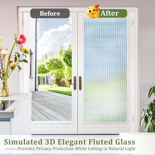 Reeded Glass Window Privacy Film 3D Static Cling, 23.6 x 78.7'' | Upgrades Fluted Lines Easy Cut, Bathroom Door Privacy Day Night, Non Adhesive Clings with Tools Kit, Anti-UV Heat Blocking - color: Clear, size: 23.6 x 78.7 Inch