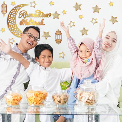 Geelin 23 Pcs Ramadan Decorations for Home 2026 Eid Ramadan Kareem Mubarak Wall Decor Islamic Wooden Gold Moon Star Lantern Wall Art Sign for Living Room Bedroom Muslim Arabic Party Supplies(Mubarak) - style: Mubarak
