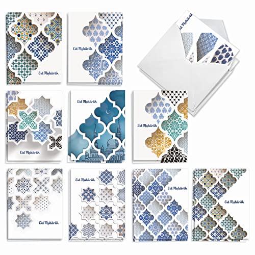 The Best Card Company - 20 Assorted Blank Eid Mubarak Notes Bulk Box Set 4 x 5.12 Inch with Envelopes (10 Designs, 2 Each) Islam Holiday Cards Eid Mubarak Dimensions AM10424RDG-B2x10 - style: Eid Mubarak Dimensions - Blank