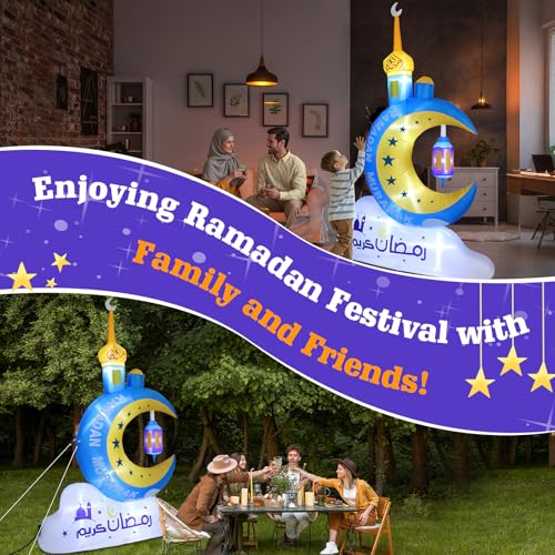 Lewondr 8.20FT Outdoor Inflatable Ramadan Moon Decorations,Waterproof Inflatable Eid Mubarak Decor,Blow Up Muslim Holy Celebration Decor with LED Lights,Muslim Holidays Inflatable for Yard,Blue Moon - style: Blue Moon