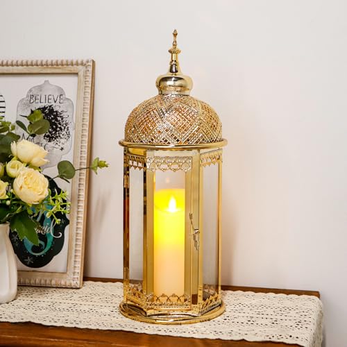 TRIROCKS Moroccan Candle Lantern 15'' Gold Hexagonal Candle Holder with Tempered Glass Decorative Indoor Outdoor Ramadan Lantern for Living Room Garden Yard Patio Parties Events (Gold) - size: 15"H