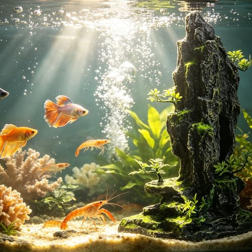 Saim Fish Tank Decorations, 14.4'' Tall Mountain View Stone Aquarium Ornament, Artificial Mountain Hill View Stone Rock Cave Fish Hiding Cave for Betta Amano Shrimp Cichlid to Play,Hide and Rest - A