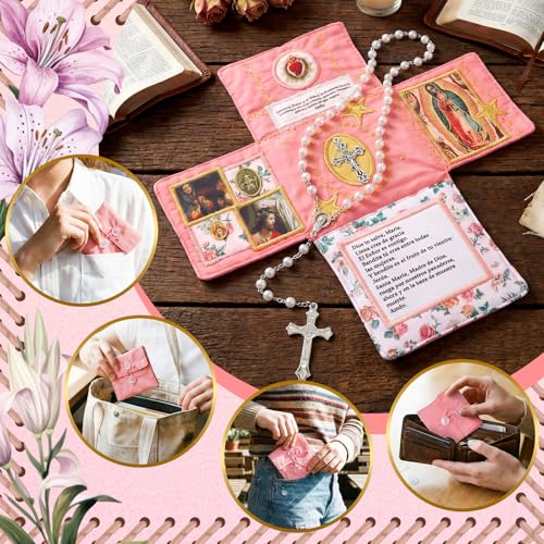 HunnmingRe Handmade Catholic Pocket with Silver Prayer Cross, Catholic Pocket Shrine with Built in Pearl Rosary Cross Prayer Quilt Portable Faith Altar Christian Gift for Friends and Family