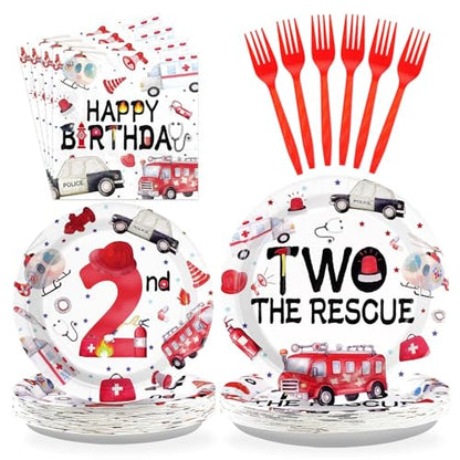 Grencian 96Pcs Two the Rescue Birthday Decorations Emergency Vehicle Theme Plates and Napkins Fire Truck Tableware Ambulance Dinnerware for Kid Emergency Vehicle 2 Years Old Birthday Party Decorations - style: Rescue Vehicles 2nd Birthday Set