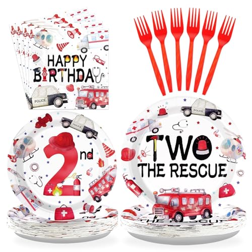 Grencian 96Pcs Two the Rescue Birthday Decorations Emergency Vehicle Theme Plates and Napkins Fire Truck Tableware Ambulance Dinnerware for Kid Emergency Vehicle 2 Years Old Birthday Party Decorations - style: Rescue Vehicles 2nd Birthday Set