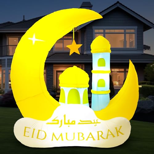 RoundFunny Ramadan Inflatable Outdoor Decorations Muslim Yard Decor with LED Lights Eid Mubarak Inflatables Islamic Blow Moon Castle for Celebrate Fasting Introspection Prayer
