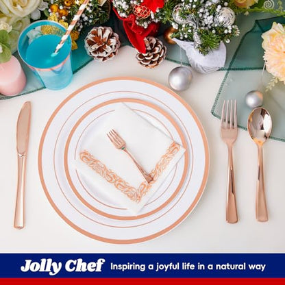 JOLLY CHEF 25 Guests Plastic Plates Set With Rose Gold Rim Cutlery set - color: ROSE GOLD-250pack