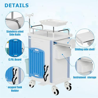 Crash Cart with Central Lock - Mobile Emergency Treatment Trolley with IV Pole, Cardiac Board, O₂ Tank Holder, Trash Bin & 5 Drawers for Clinics Nursing Center (Grey) - color: Gray