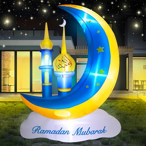5FT Ramadan Decorations Inflatable Outdoor, Ramadan Mubarak & Eid Mubarak Moon Cloud Star Mosque Decor with Built-in LED Lights, Muslim Islamic Blow Up for Home Yard Garden Party Lawn - style: 5FT Ramadan Mosque Moon