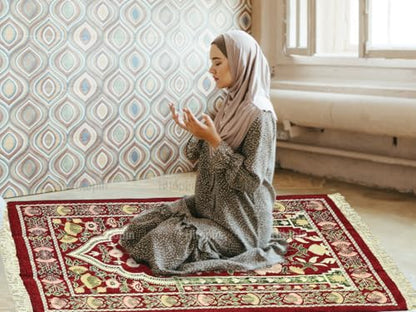 Red 2'4" x 3'7" Traditional Floral Low Pile Nylon Prayer Rug, with Elegant Design Bags, Soft, Non-Slip, Water-Resistant, Perfect for Prayer, Ramadan, Eid al Fitr, Gift