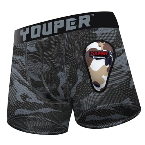 Youper Youth Elite Boxer Briefs w/Soft Athletic Cup, Boys Stretch Boxer Jock for Baseball & Football - color: Black Camo, size: X-Small