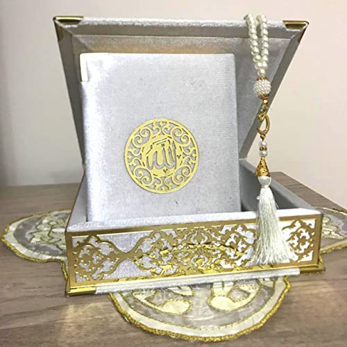 Velvet Covered Quran and Pearl Tasbih in Wooden Decorative Box | Islamic Gift Set | Muslim Eid Ramadan Gift (White) - color: White