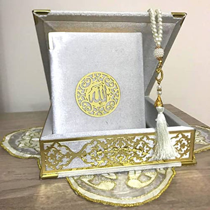 Velvet Covered Quran and Pearl Tasbih in Wooden Decorative Box | Islamic Gift Set | Muslim Eid Ramadan Gift (White) - color: White