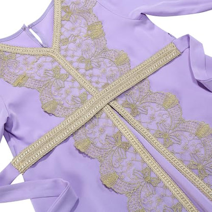 FYMNSI Kids Girls Muslim Abaya Dress Modest Lace Belted Prayer Dress Islamic Maxi Robe Kaftan Ramadan Arabian Dubai Clothes - color: Purple, size: 6-7 Years