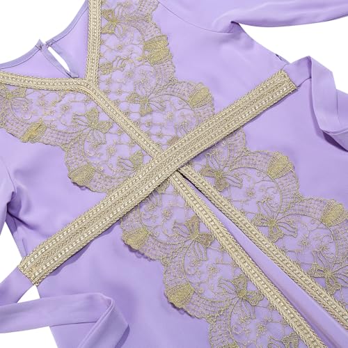 FYMNSI Kids Girls Muslim Abaya Dress Modest Lace Belted Prayer Dress Islamic Maxi Robe Kaftan Ramadan Arabian Dubai Clothes - color: Purple, size: 8-9 Years
