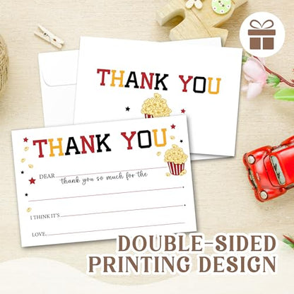 Kids Thank You Cards with Envelopes, Movie Night Theme Fill in the Blank Thank You Notes for Kids, Toddler Stationery Set, Ideal for Birthday Party, Graduation & School Gag Gifts - B10 - color: Movie Night Style