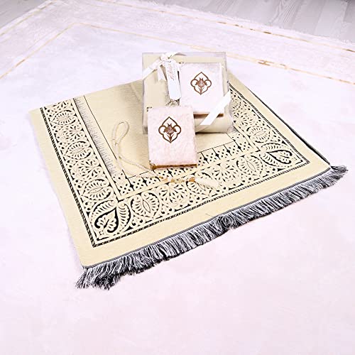 IEF Personalized Prayer Rug Quran Prayer Beads Islamic Gift Set, Ramadan Eid Wedding Birthday Mother's Day Father's Day Anniversary Day Gifts - color: Beige