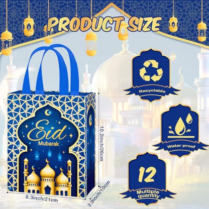 Clysee 12 Pcs Eid Mubarak Reusable Gift Bags with Handles Non Woven Ramadan Mubarak Gift Bags 6 Colors Eid Mubarak Treat Bags Gift Wrap Bags 10.2 x 8.3 x 3.9 Inch Reusable Tote Bags for Gifts