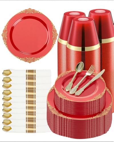 Goodluck 350 Piece Red Dinnerware Set for 50 Guests - color: Red, size: 50 Guests