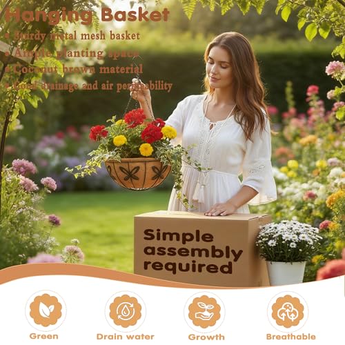 14 inch Metal Hanging Baskets For Plants Outdoor 4 Pack Round Metal Wire Hanging Basket Planter with Coco Fiber Liners Chain Round Wire Plant Holder for Garden, Patio, Deck, Porch Plants Flower Potss - size: 14 Inch, style: Butterfly