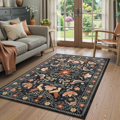 Moynesa 3x5 Entryway Rug Indoor, Modern Transitional Washable Non-Slip Low Pile Black Area Rug for Bedroom Kitchen Entry,Lightweight Foldable Farmhouse Floral Bird Carpet Folk Art Home Decor - color: Black, size: 3' x 5' (Rectangular)