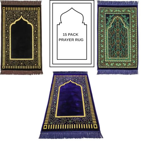 Muslim Prayer Rug, 15 Pcs, Soft Plush Thin Islamic Prayer Mat, Janamaz, Sajada, Praying Carpet, Islamic Gift for Men & Women, Islamic Ma, Eid & Ramadan Gift with Prayer Beads, 26x43 inch - color: Kaaba / 15 Mix