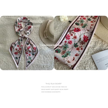 Silk Feeling Head Scarf Fashion Satin Hair Scarf Square Long Scarves for Women Gifts - color: 02 Pink Daisy Flower 5.12 X 59 Inch