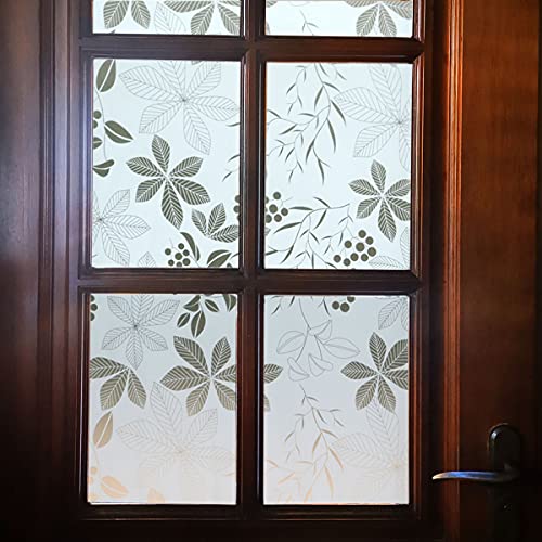 VSUDO 2 Rolls 35.4"x78.7" White Frosted Privacy Window Film, Removable White Background & Leaf Pattern Matte Window Film, Opaque Window Glass Covering, Static Cling Window Sticker(38.75 Sq. Ft Total)