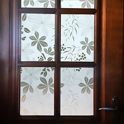 VSUDO 2 Rolls 35.4"x78.7" White Frosted Privacy Window Film, Removable White Background & Leaf Pattern Matte Window Film, Opaque Window Glass Covering, Static Cling Window Sticker(38.75 Sq. Ft Total)