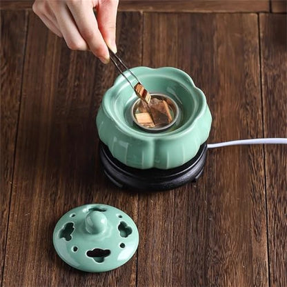 Electric Resin Burner with Timing,Ceramic Incense Burner,Frankincense Bakhoor Censer 110 V for Home Porch,Patio,Garden,Office,Yoga, Living Room, Meditation Room (Green)
