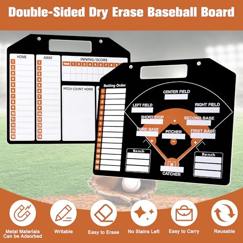 Magnetic Baseball Coach Clipboard, Anglecai Double-Sided Dry Erase Baseball Lineup Board for Softball Dugout Board Baseball Coaching Board with 30 Lineup Card/ 10 Magnet/2 Marker/2 Hook (Black) - color: Black
