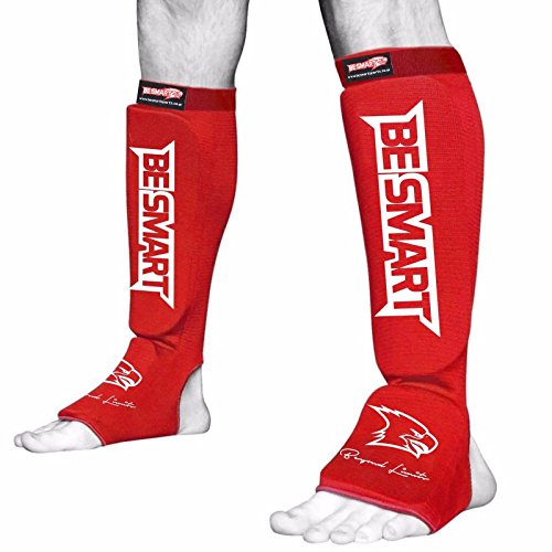 BS Shin Instep Pads MMA Leg Foot Guards Muay Thai Kick Boxing Guard Protector - color: Red, size: Medium