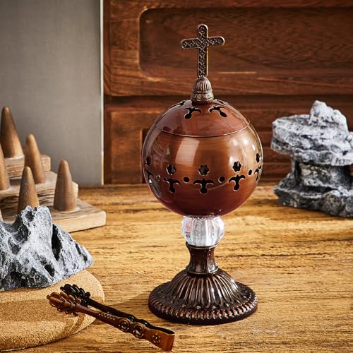 Zonon 1 Set Incense Burner with Tong, Frankincense Charcoal Incense Stand Holder, Ideal for Yoga, Spa, Aromatherapy, Home and Christian Church Censer (Red Copper,Retro) - color: Red Copper, size: Retro