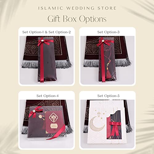 IEF Personalized Wedding Gifts Prayer Mat, Eid Gifts Quran Prayer Beads Set, Birthday Gifts for Women, Mother's Day Gifts Chenille Prayer Rug Pearl Prayer Beads Arabic Quran (Red)