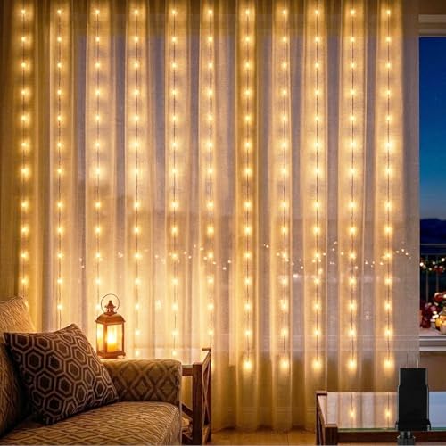 Vigdur Led Curtain String Lights, 8FT Window Fairy Lights for Bedroom with 210 Warm LEDs, Hanging Twinkle Indoor String Light for Party Wedding Garden Wall Decor(8 * 7ft) - color: 1 Pack