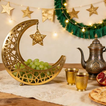 Ramadan Decoration Ramadan Trays, Metal Eid Mubarak Plates Moon Star Serving Trays Food Storage Containers Dinner Plate Dessert Platters Crescent Display Tray Holder for Eid Party Favor