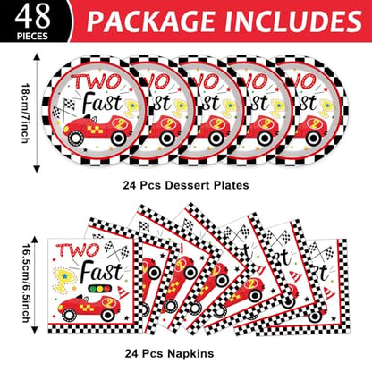 48Pcs Two Fast Plates and Napkins Two Years Old Birthday Party Decorations set Race Car 2nd Party Supplies Racing 2 fast Birthday Racing Sports Themed Disposable Tableware for Kids Boys Serves 24 - style: Race Car