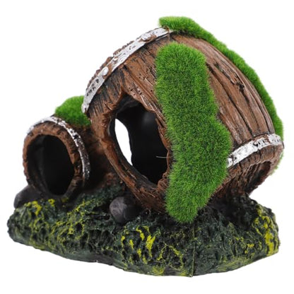 Resin Broken Barrel Aquarium Ornament with Moss Betta Fish Shrimp Hiding House Freshwater Shrimp Cave Fish Tank Decoration for Aquatic Pets