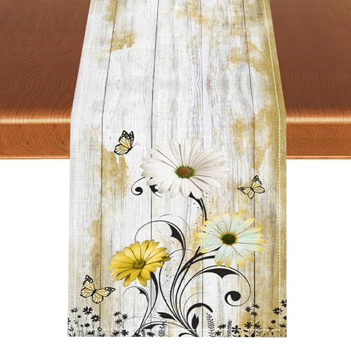 Spring Daisy Table Runner, Retro Rustic Seasonal Farmhouse Daisy Wildflower Vintage Wooden Plank Country Kitchen Dining Table Scarf for Kitchen Living Room Home Party Decor 13"x36" - color: Tr-daisy06, size: 13x36" Table Runner