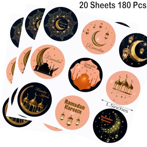 20 Sheets Ramadan Kareem Stickers Labels Eid Mubarak Round Sticker Ramadan Party Decoration Ramadan Party Supplies Favors Decoration for Eid Al Fitr & Eid Al Adha Festival