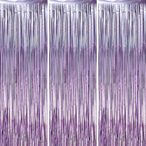 Voircoloria Light Purple Foil Fringe Backdrop Curtains, 3.3x6.6ft, 3pcs - color: Light Purple