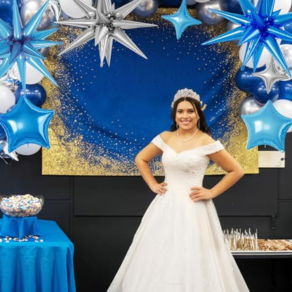 Blue Silver Star Balloons,16Pcs 22/18/10 Inch Foil Graduation Decorations - color: Blue Silver