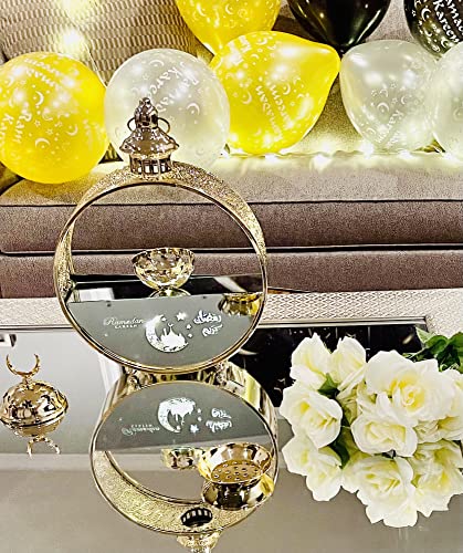 Eid Mubarak Hanging Lantern Islamic Metal Lamp Islamic Lamp, Ramadan Mubarak LED Light, Eid ul Fitr Hanging Lantern Glass and Metal Lantern for Home, Offices, Eid Gifts 14"X10" (Crescent) - color: Crescent